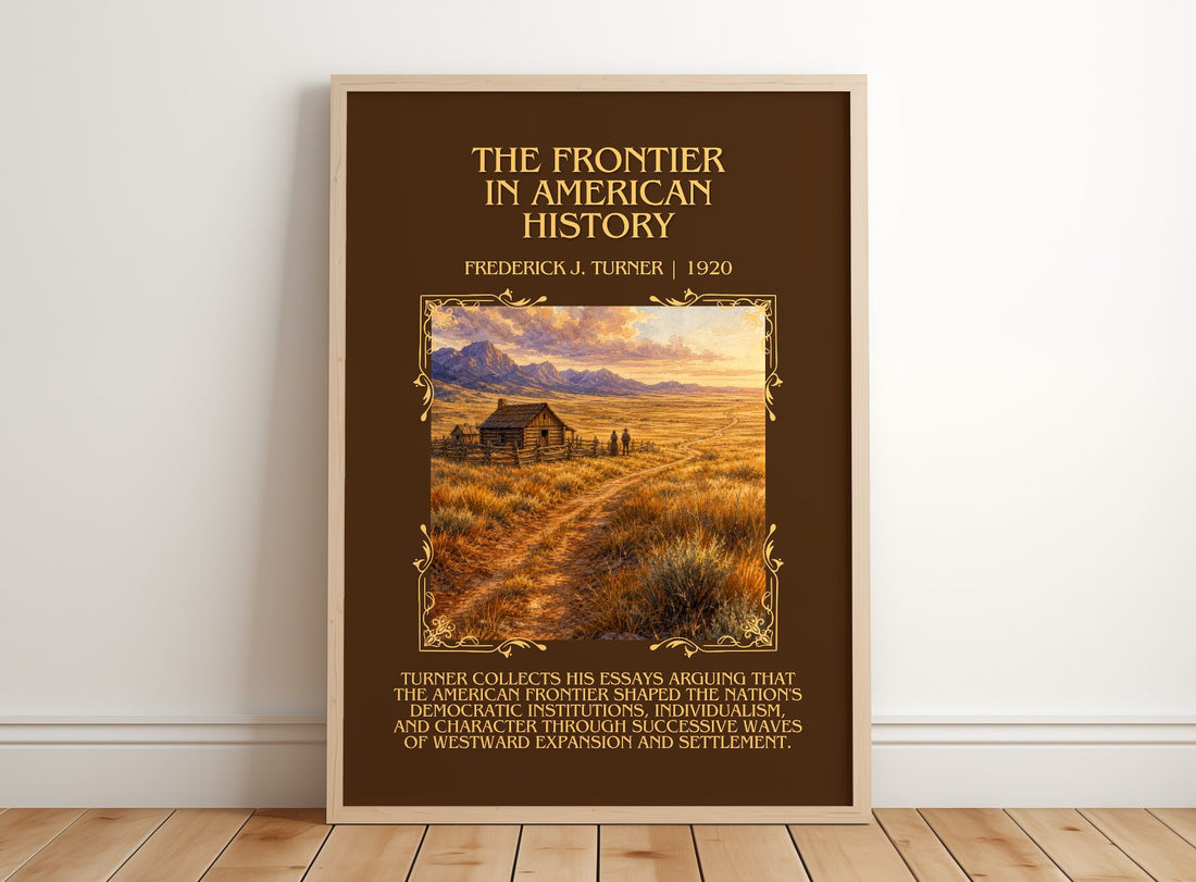 Frontier in American History Minimalist Book Poster by F. Turner – framed print leaning on a wooden floor