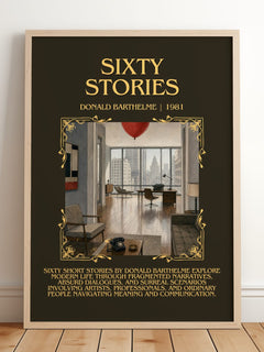 Sixty Stories Minimalist Book Poster by Donald Barthelme – framed print leaning on a wooden floor