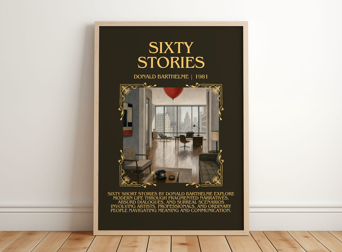 Sixty Stories Minimalist Book Poster by Donald Barthelme – framed print leaning on a wooden floor