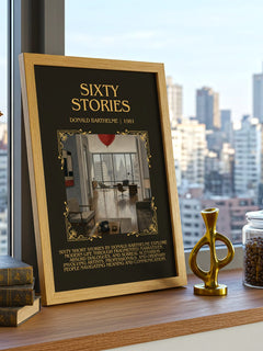 Sixty Stories Minimalist Book Poster by Donald Barthelme – framed print on a city-view windowsill