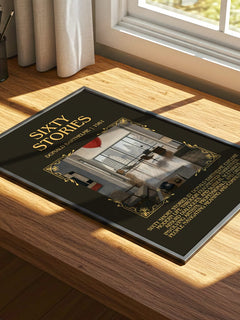 Sixty Stories Minimalist Book Poster by Donald Barthelme – print on a sunlit desk