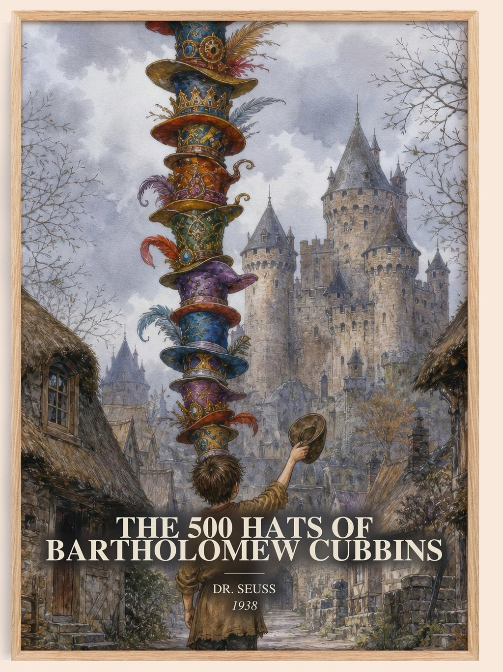 The 500 Hats Of Bartholomew Cubbins watercolour book poster by Dr. Seuss – framed literary art print