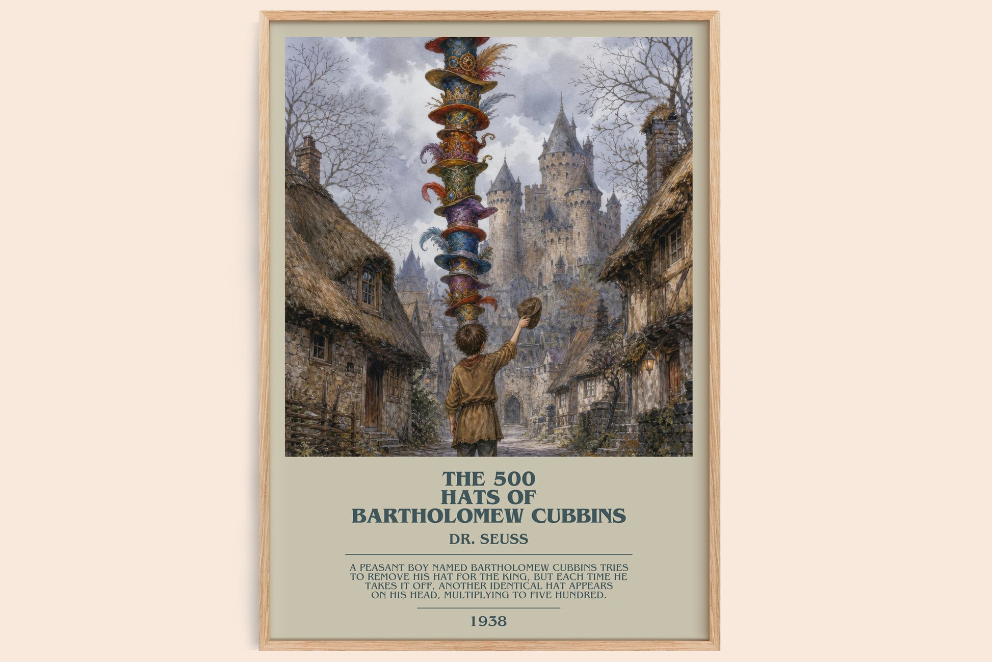 The 500 Hats Of Bartholomew Cubbins bookish book poster by Dr. Seuss – framed literary art print