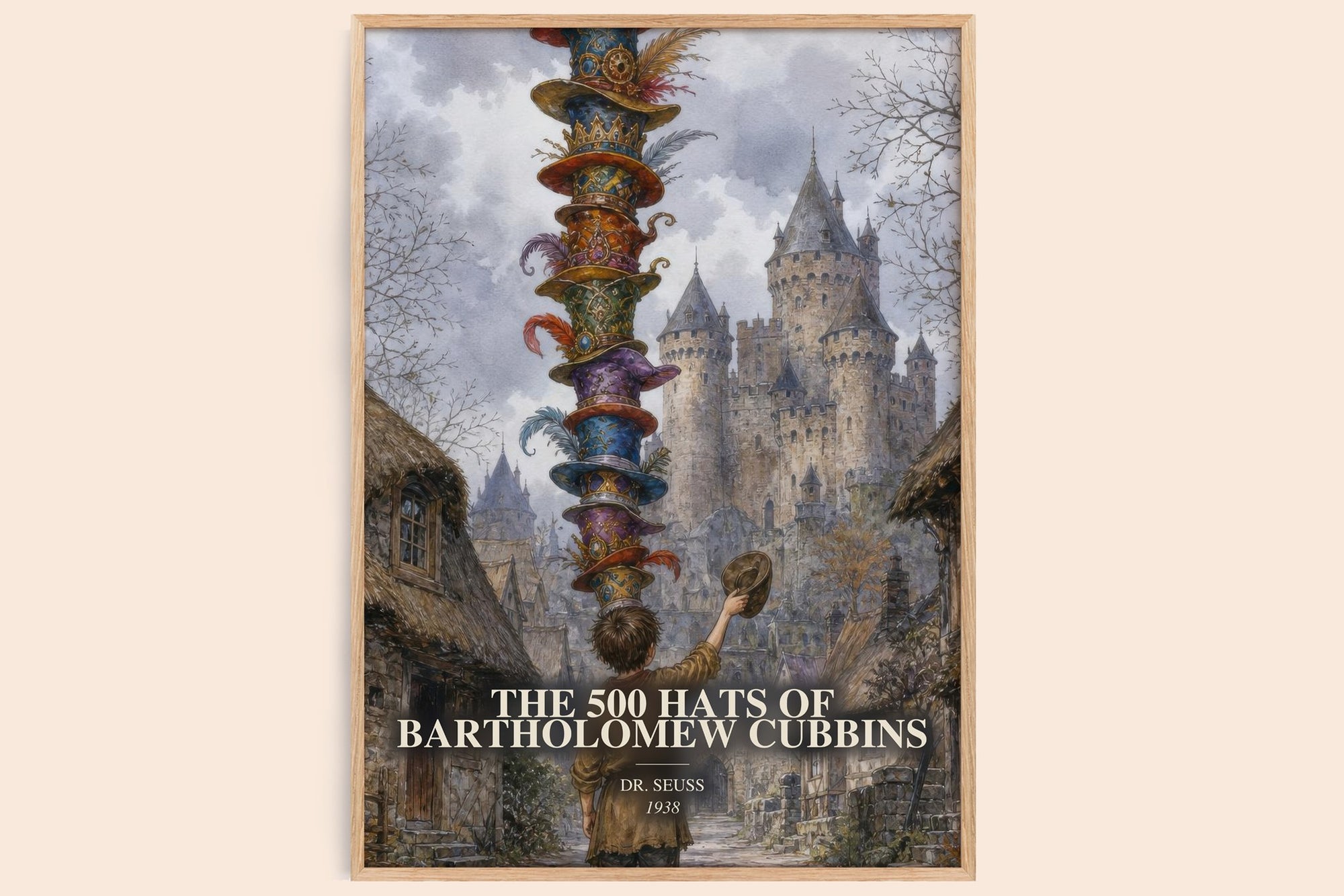 The 500 Hats Of Bartholomew Cubbins watercolour book poster by Dr. Seuss – framed literary art print