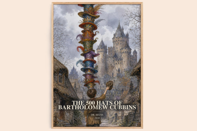 The 500 Hats Of Bartholomew Cubbins watercolour book poster by Dr. Seuss – framed literary art print