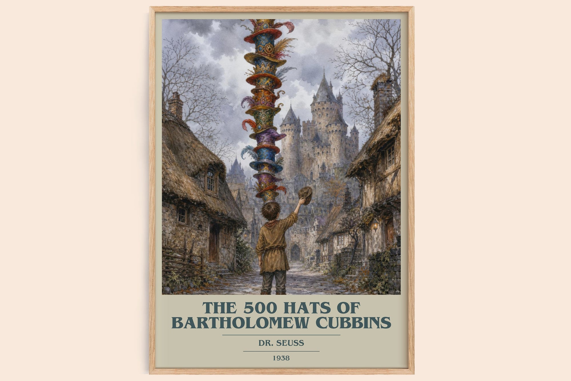 The 500 Hats Of Bartholomew Cubbins book cover book poster by Dr. Seuss – framed literary art print