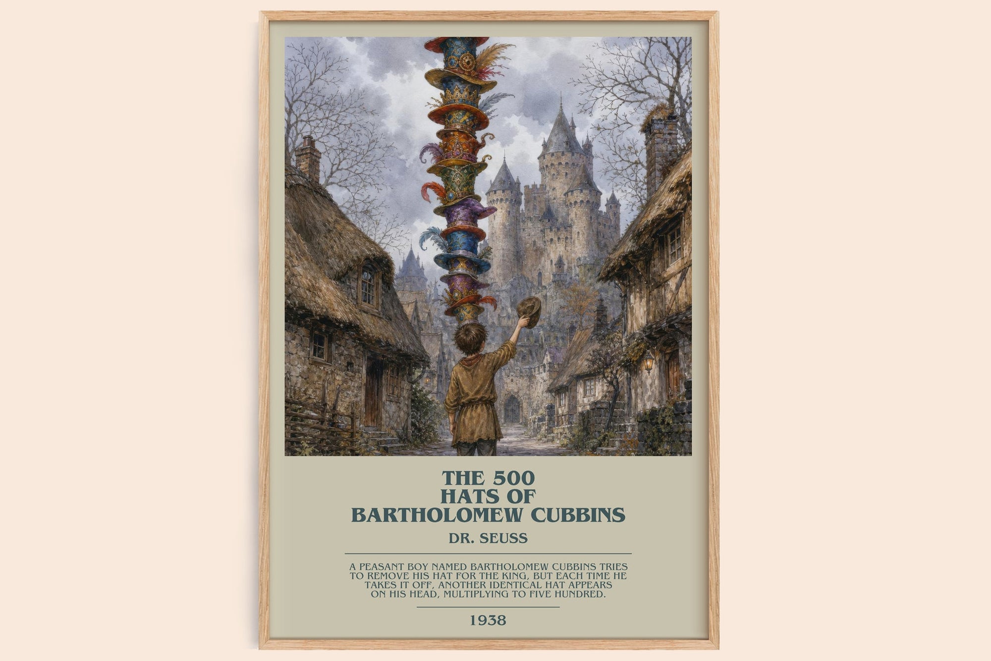 The 500 Hats Of Bartholomew Cubbins bookish book poster by Dr. Seuss – framed literary art print