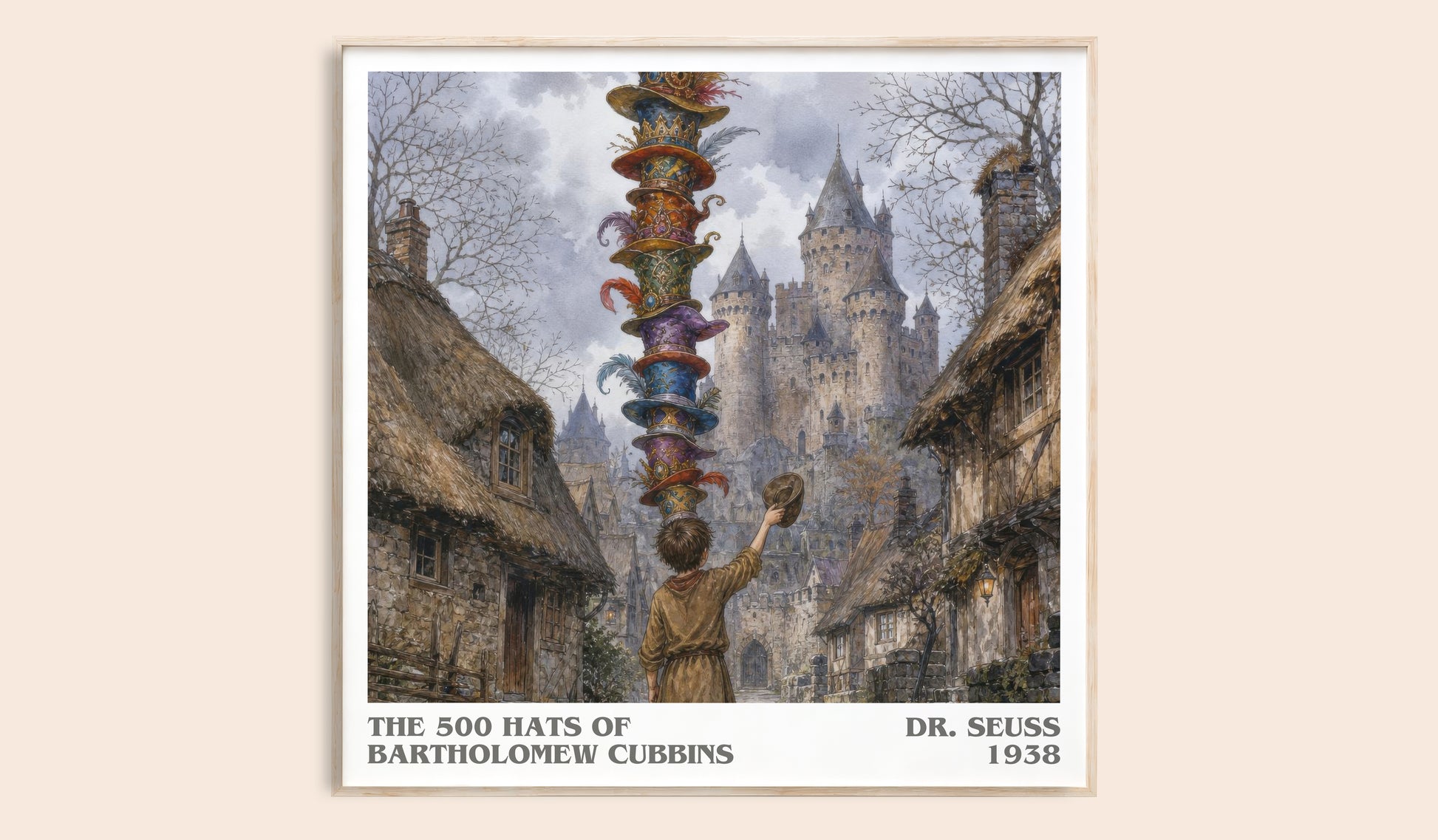 The 500 Hats Of Bartholomew Cubbins literary book poster by Dr. Seuss – framed literary art print