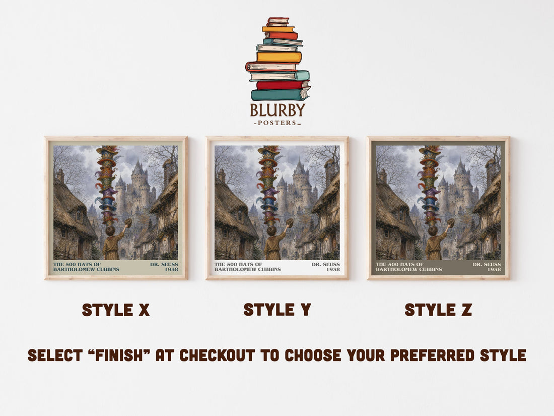 The 500 Hats Of Bartholomew Cubbins literary print in frame leaning in hallway – childrens wall art (mockup)