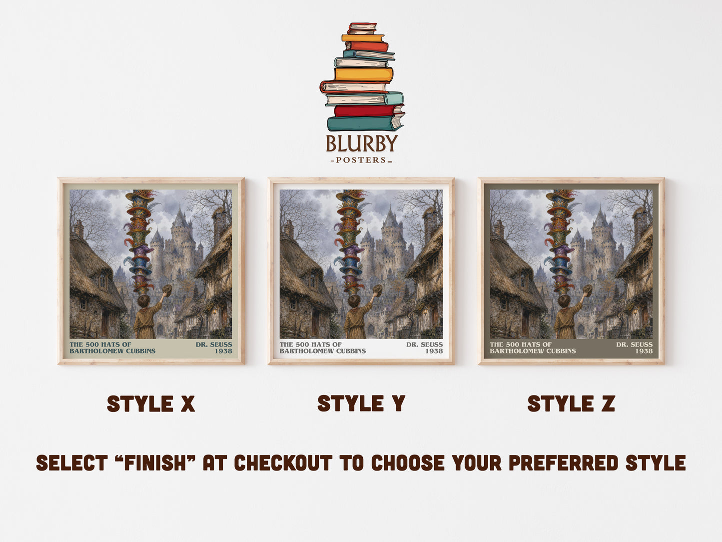 The 500 Hats Of Bartholomew Cubbins literary print in frame leaning in hallway – childrens wall art