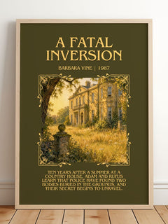 A Fatal Inversion Minimalist Book Poster by Barbara Vine – framed print leaning on a wooden floor