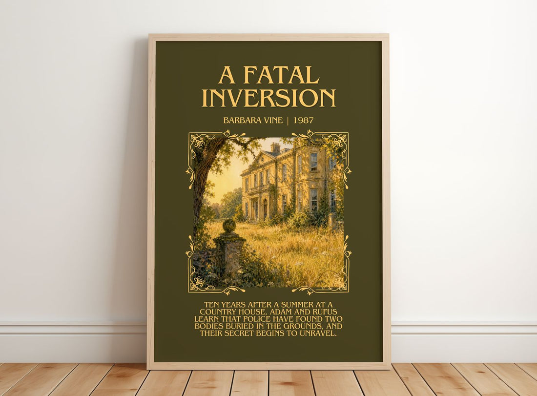 A Fatal Inversion Minimalist Book Poster by Barbara Vine – framed print leaning on a wooden floor