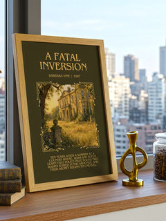 A Fatal Inversion Minimalist Book Poster by Barbara Vine – framed print on a city-view windowsill