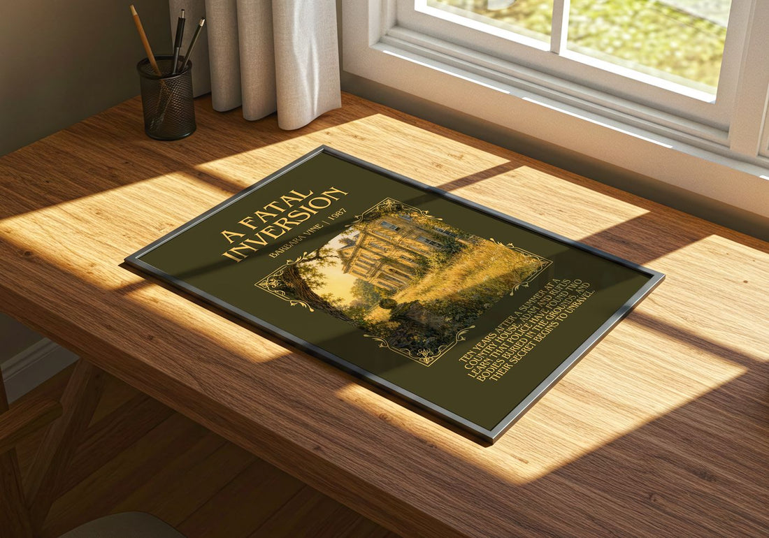 A Fatal Inversion Minimalist Book Poster by Barbara Vine – print on a sunlit desk