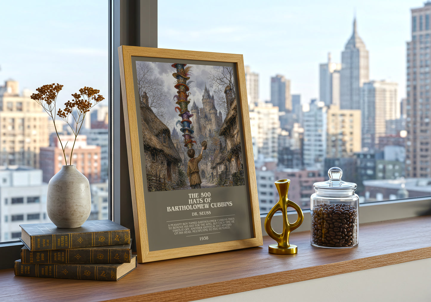 The 500 Hats Of Bartholomew Cubbins bookish print framed by window – literary home decor