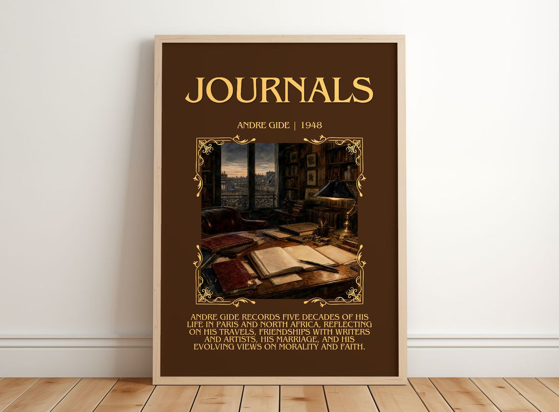 Journals Minimalist Book Poster by André Gide – framed print leaning on a wooden floor
