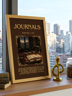 Journals Minimalist Book Poster by André Gide – framed print on a city-view windowsill