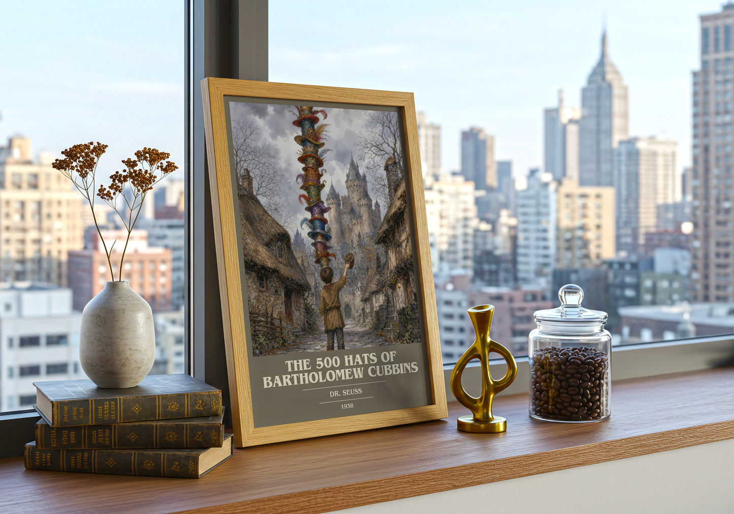 The 500 Hats Of Bartholomew Cubbins book cover print framed by window – literary home decor