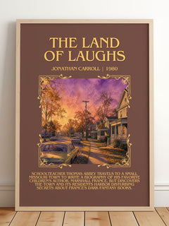 The Land Of Laughs Minimalist Book Poster by Jonathan Carroll – framed print leaning on a wooden floor