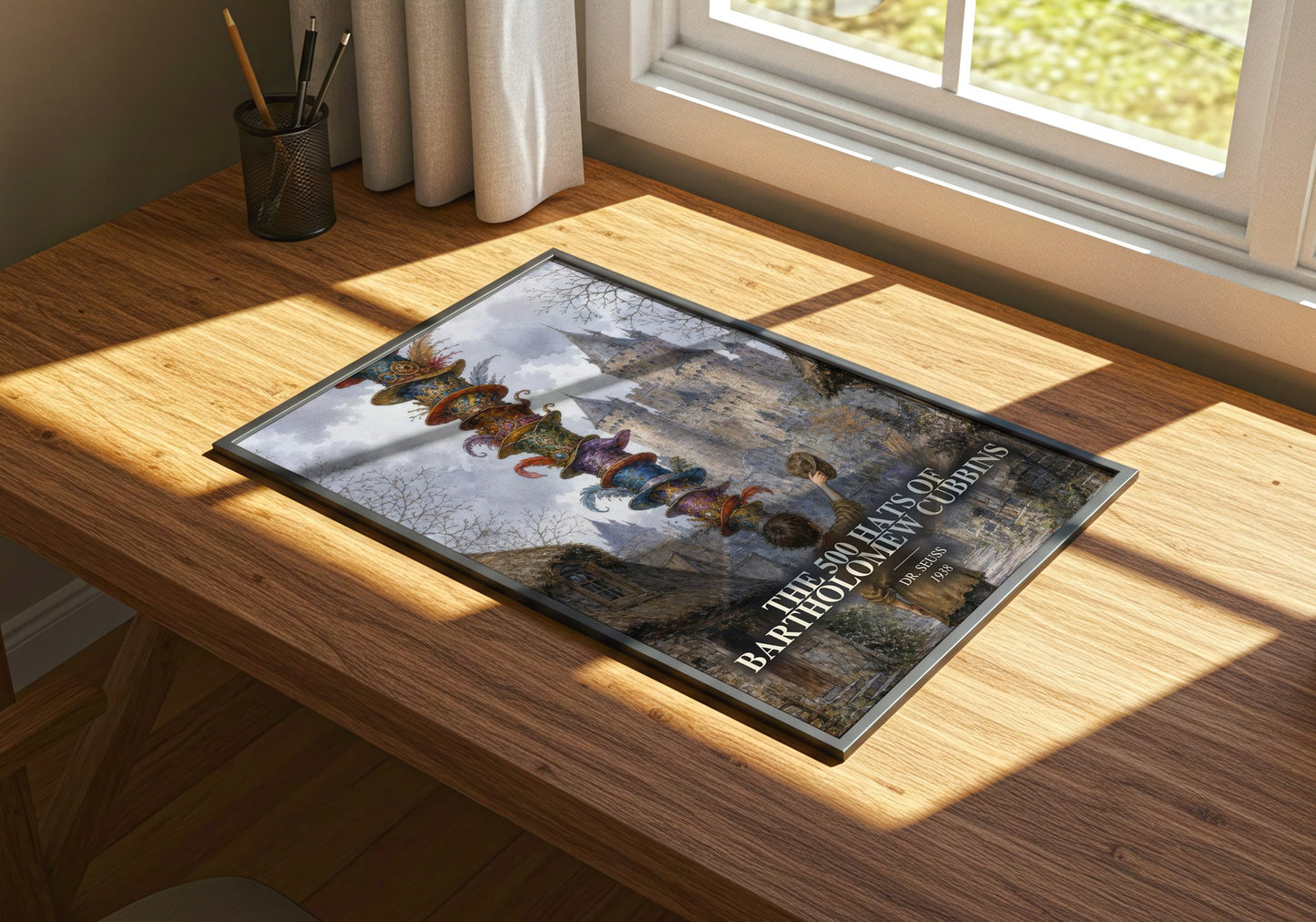 The 500 Hats Of Bartholomew Cubbins watercolour book poster framed on wall – childrens wall art