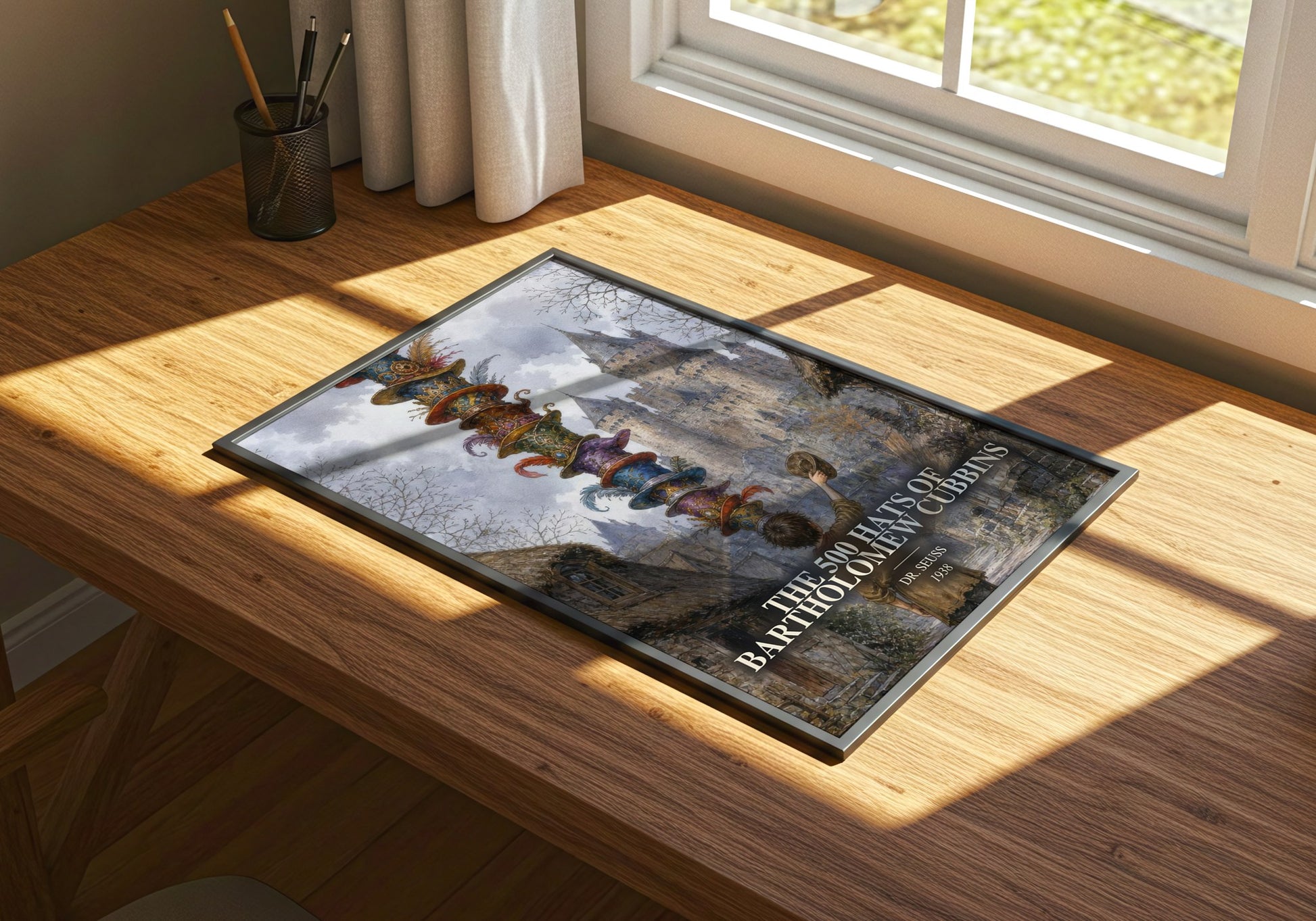 The 500 Hats Of Bartholomew Cubbins watercolour book poster framed on wall – childrens wall art