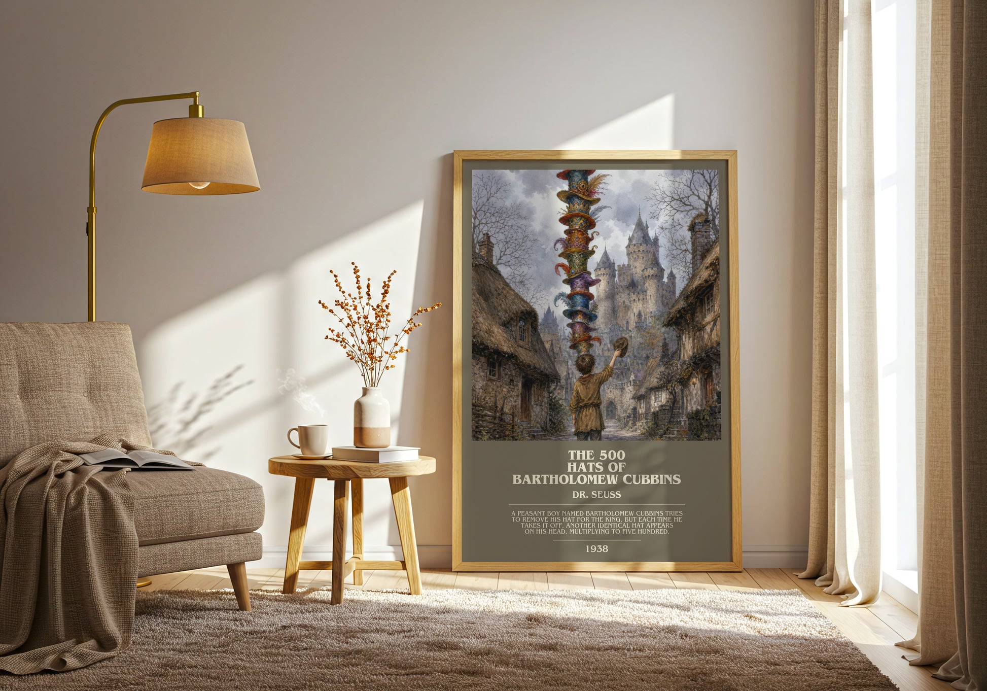 The 500 Hats Of Bartholomew Cubbins bookish print on bookshelf – Dr. Seuss fan gift
