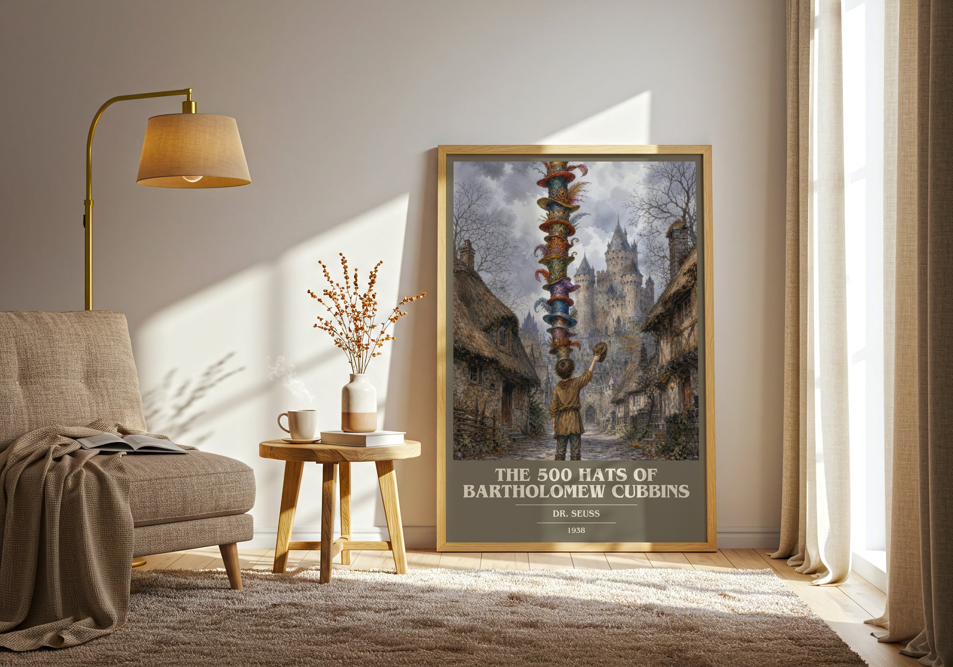 The 500 Hats Of Bartholomew Cubbins book cover print on bookshelf – Dr. Seuss fan gift