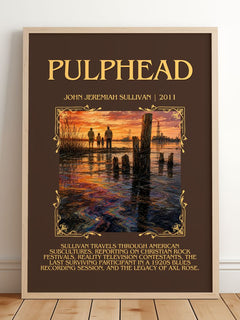 Pulphead Minimalist Book Poster by John Jeremiah Sullivan – framed print leaning on a wooden floor