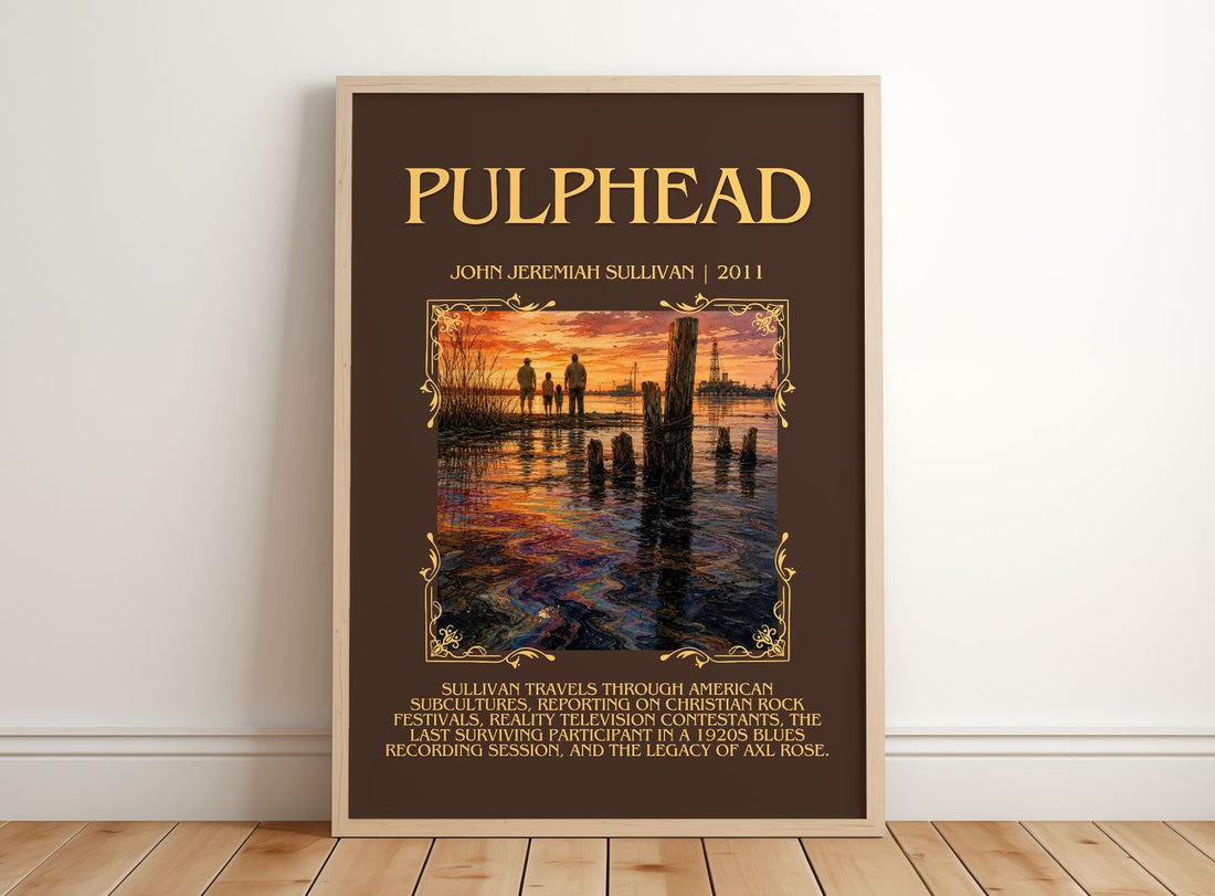 Pulphead Minimalist Book Poster by John Jeremiah Sullivan – framed print leaning on a wooden floor