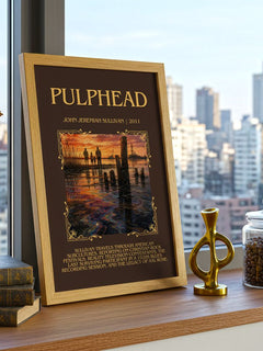 Pulphead Minimalist Book Poster by John Jeremiah Sullivan – framed print on a city-view windowsill