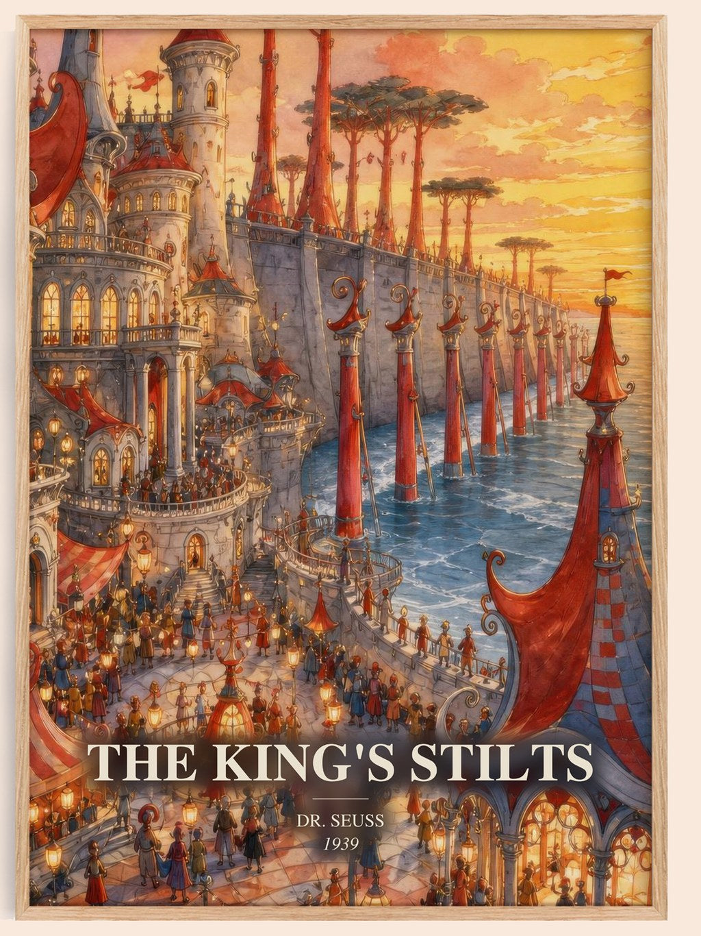 The King'S Stilts watercolour book poster by Dr. Seuss – framed literary art print