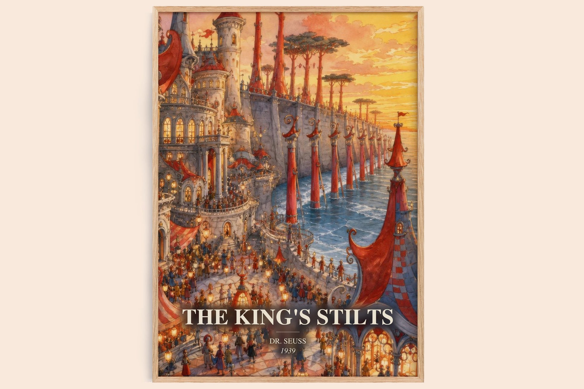 The King'S Stilts watercolour book poster by Dr. Seuss – framed literary art print