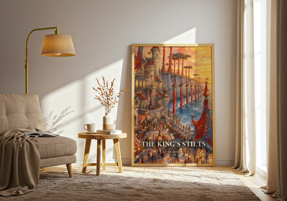 The King'S Stilts watercolour print in frame leaning in hallway – childrens wall art (mockup)