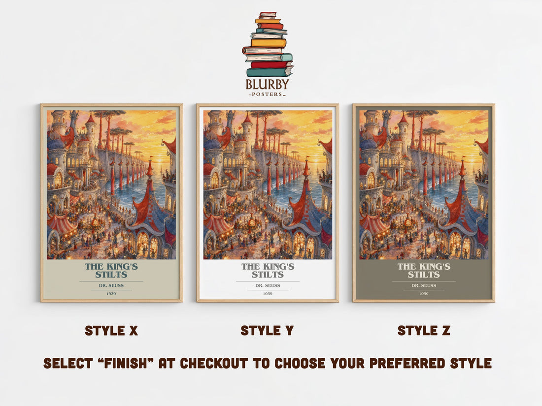 The King'S Stilts book cover print in frame leaning in hallway – childrens wall art (mockup)