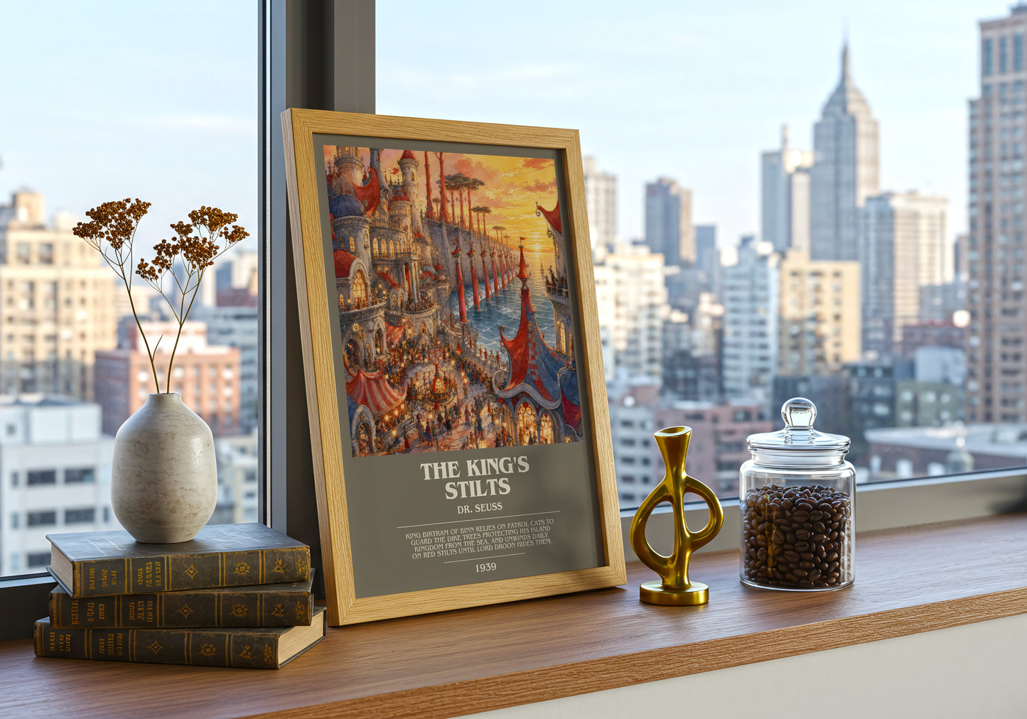 The King'S Stilts bookish print framed by window – literary home decor