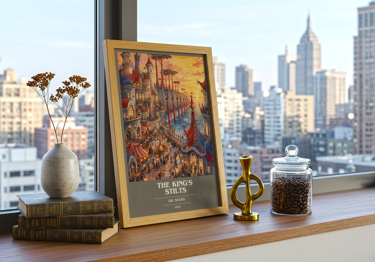 The King'S Stilts book cover print framed by window – literary home decor