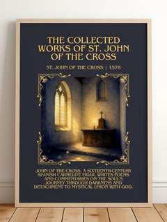 The Collected Works of St. John of the Cross Minimalist Book Poster by St. John of the Cross – framed print leaning on a wooden floor