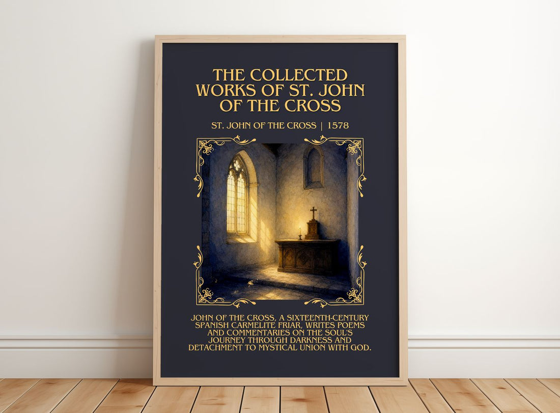 The Collected Works of St. John of the Cross Minimalist Book Poster by St. John of the Cross – framed print leaning on a wooden floor