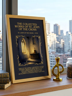 The Collected Works of St. John of the Cross Minimalist Book Poster by St. John of the Cross – framed print on a city-view windowsill