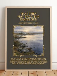 That They May Face the Rising Sun Minimalist Book Poster by John McGahern – framed print leaning on a wooden floor
