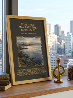 That They May Face the Rising Sun Minimalist Book Poster by John McGahern – framed print on a city-view windowsill