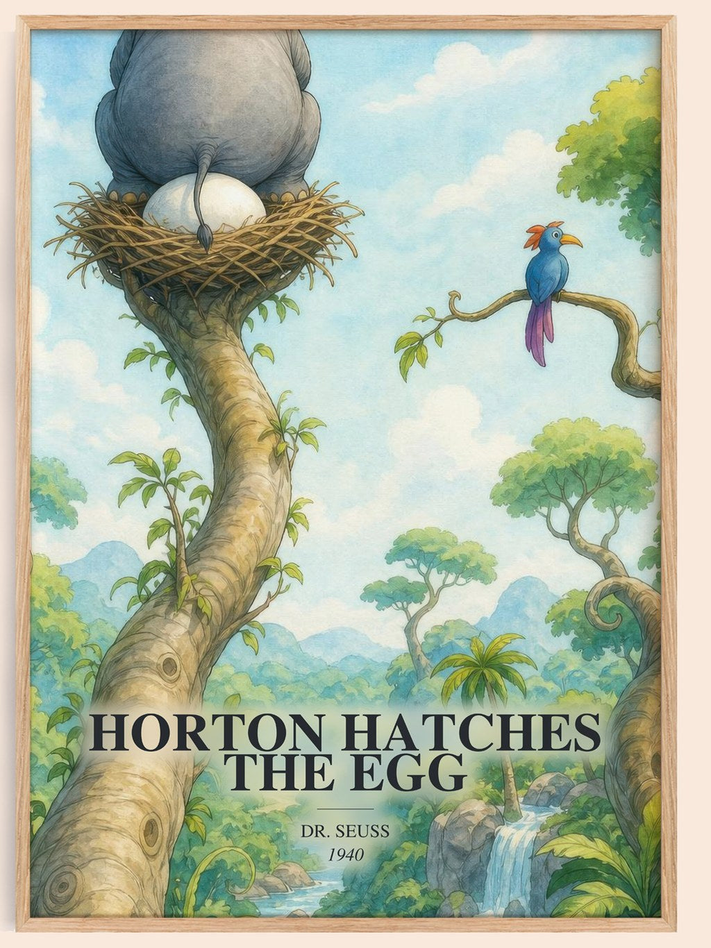 Horton Hatches The Egg watercolour book poster by Dr. Seuss – framed literary art print