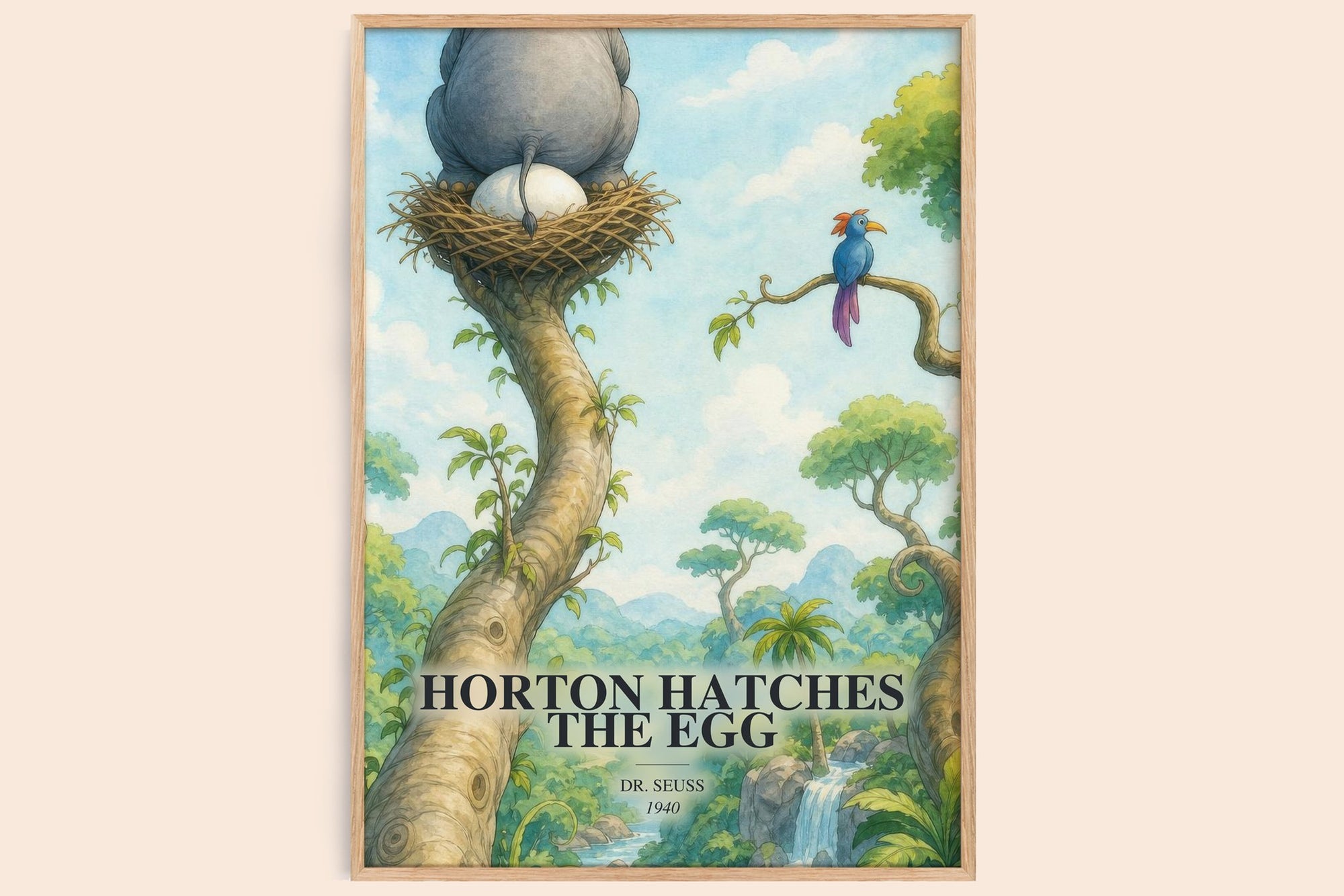 Horton Hatches The Egg watercolour book poster by Dr. Seuss – framed literary art print