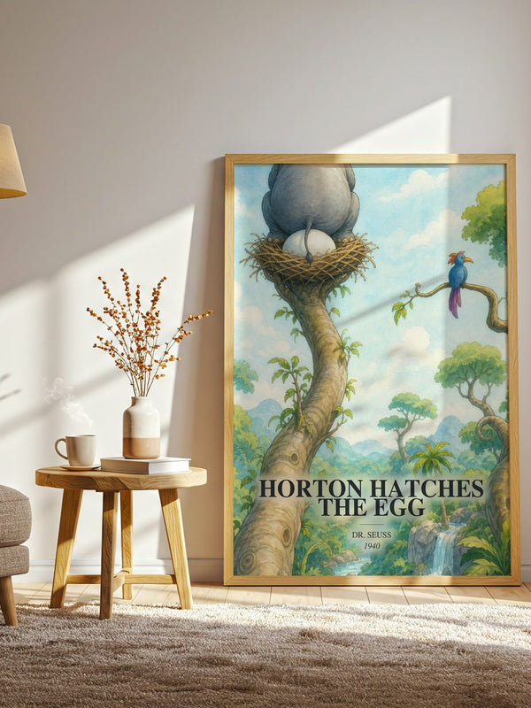 Horton Hatches The Egg watercolour print in frame leaning in hallway – childrens wall art
