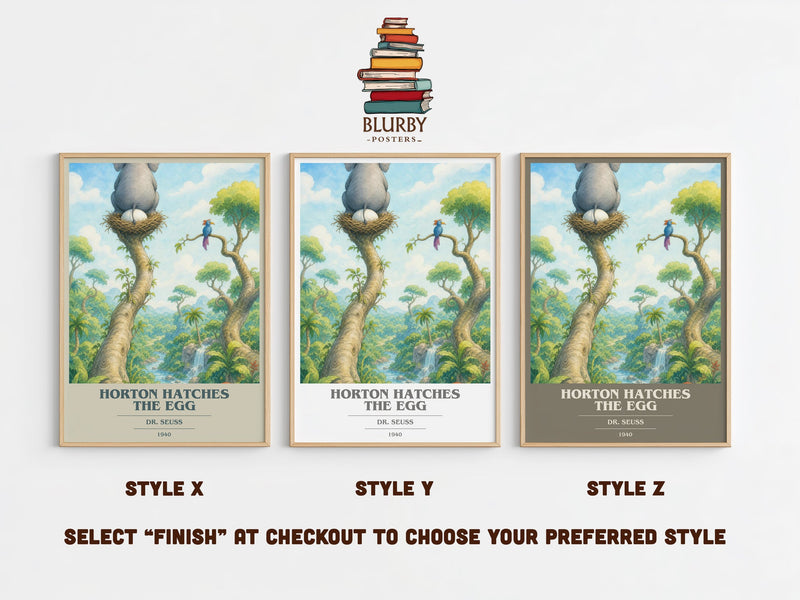 Horton Hatches The Egg book cover print in frame leaning in hallway – childrens wall art