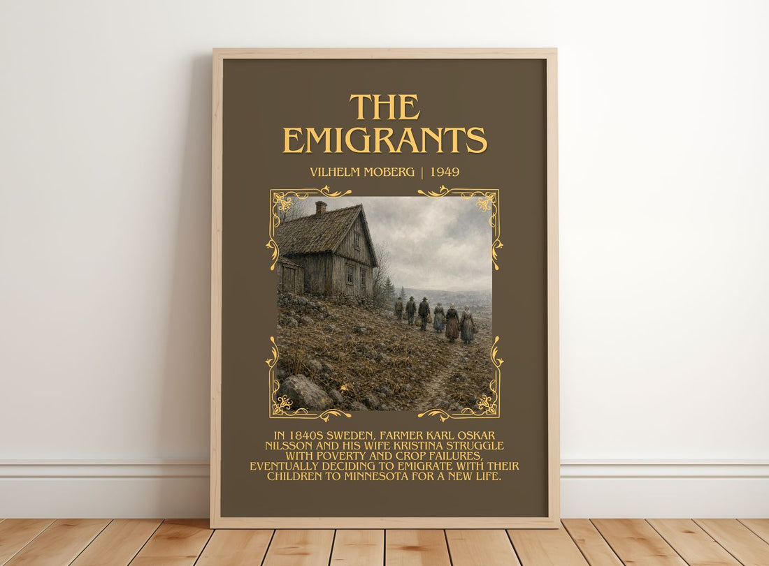 The Emigrants Minimalist Book Poster by Vilhelm Moberg – framed print leaning on a wooden floor