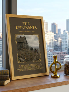 The Emigrants Minimalist Book Poster by Vilhelm Moberg – framed print on a city-view windowsill
