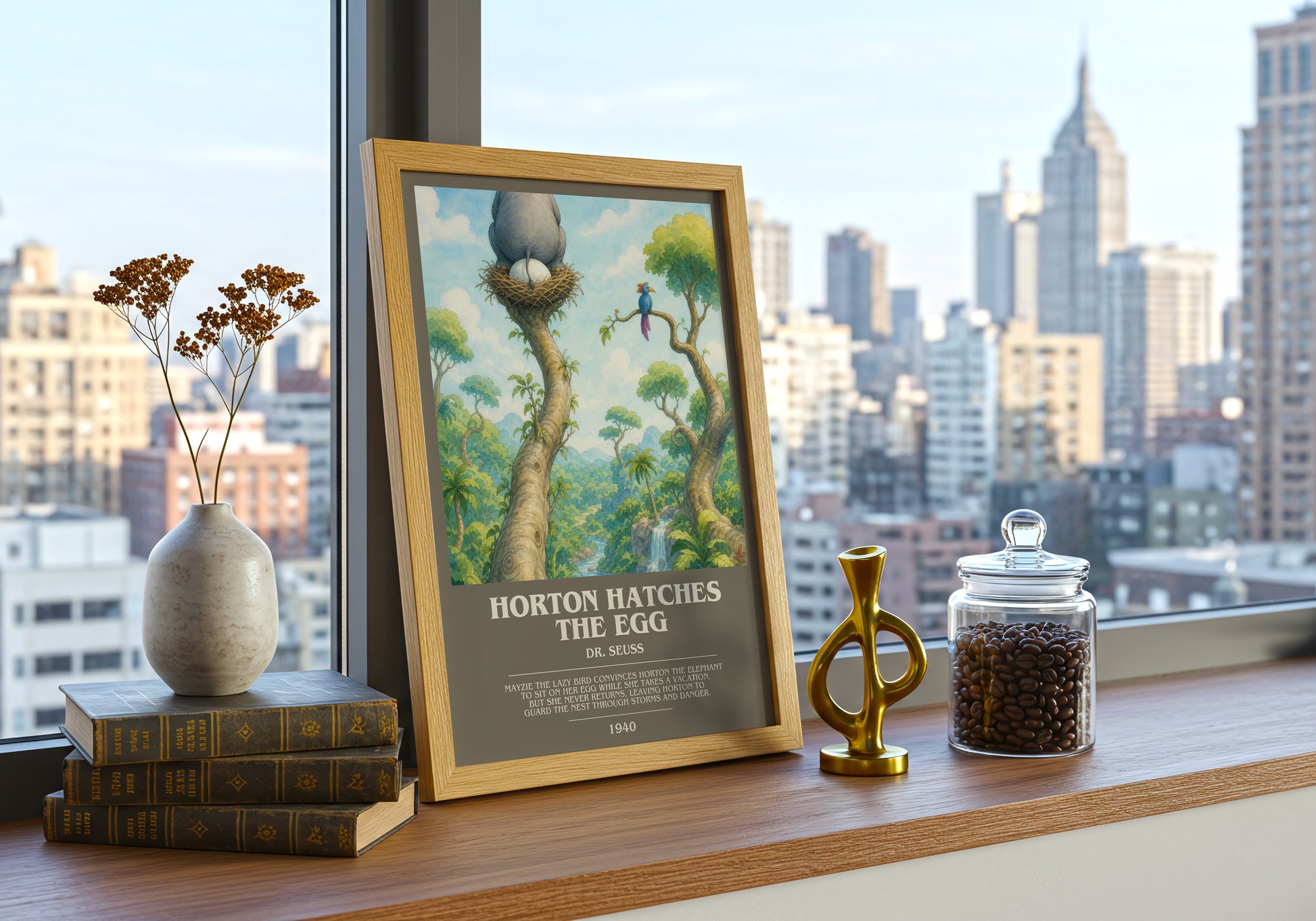 Horton Hatches The Egg bookish print framed by window – literary home decor