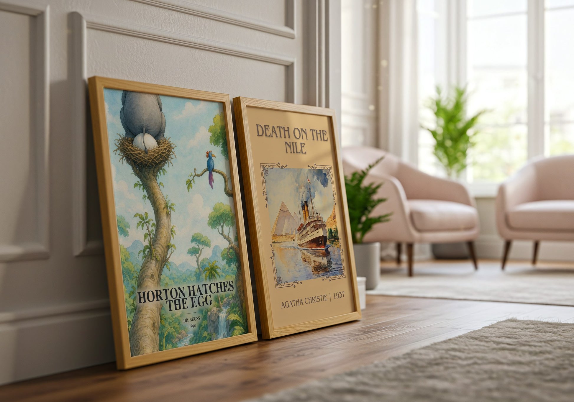 Horton Hatches The Egg watercolour print framed by window – literary home decor
