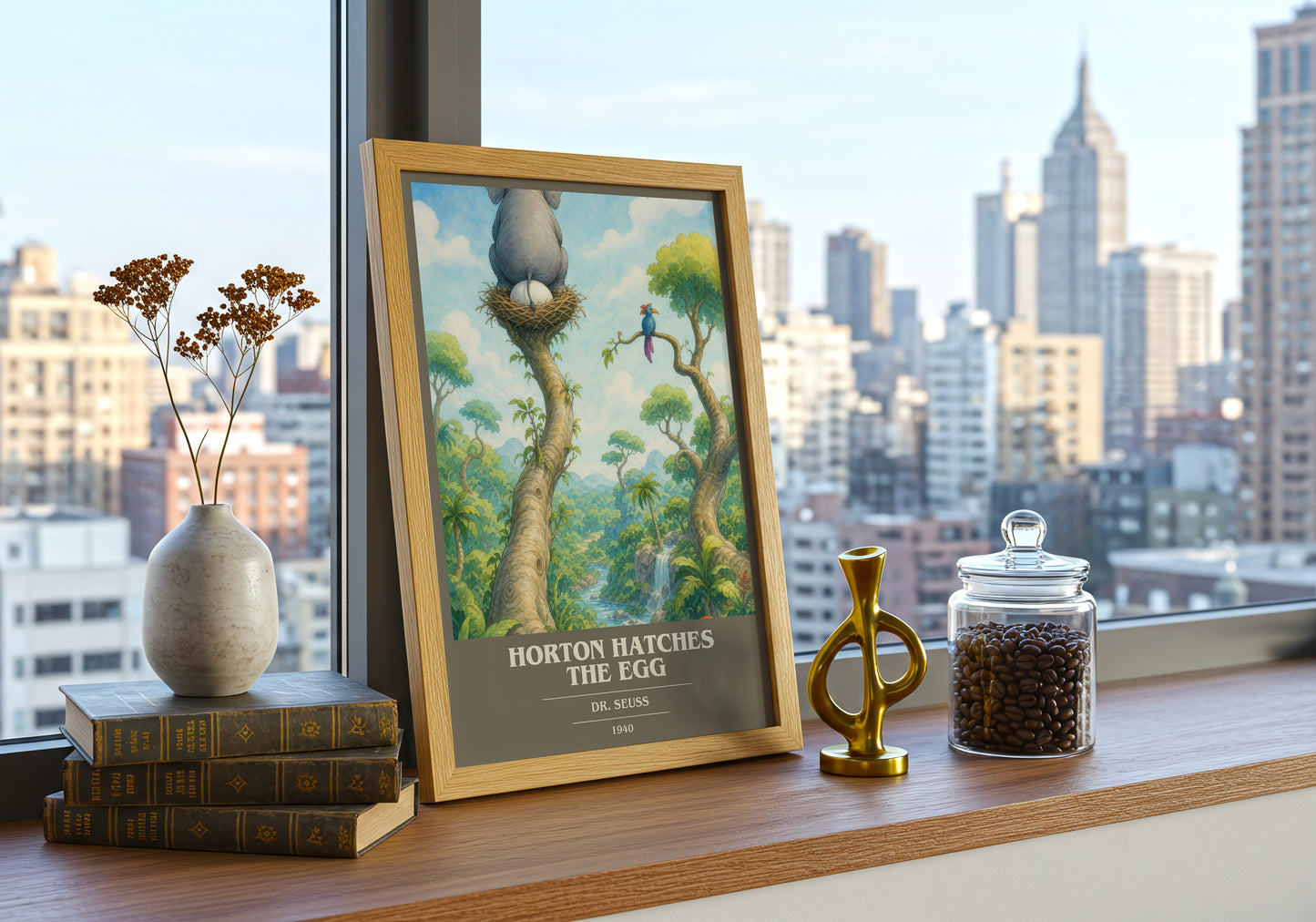 Horton Hatches The Egg book cover print framed by window – literary home decor